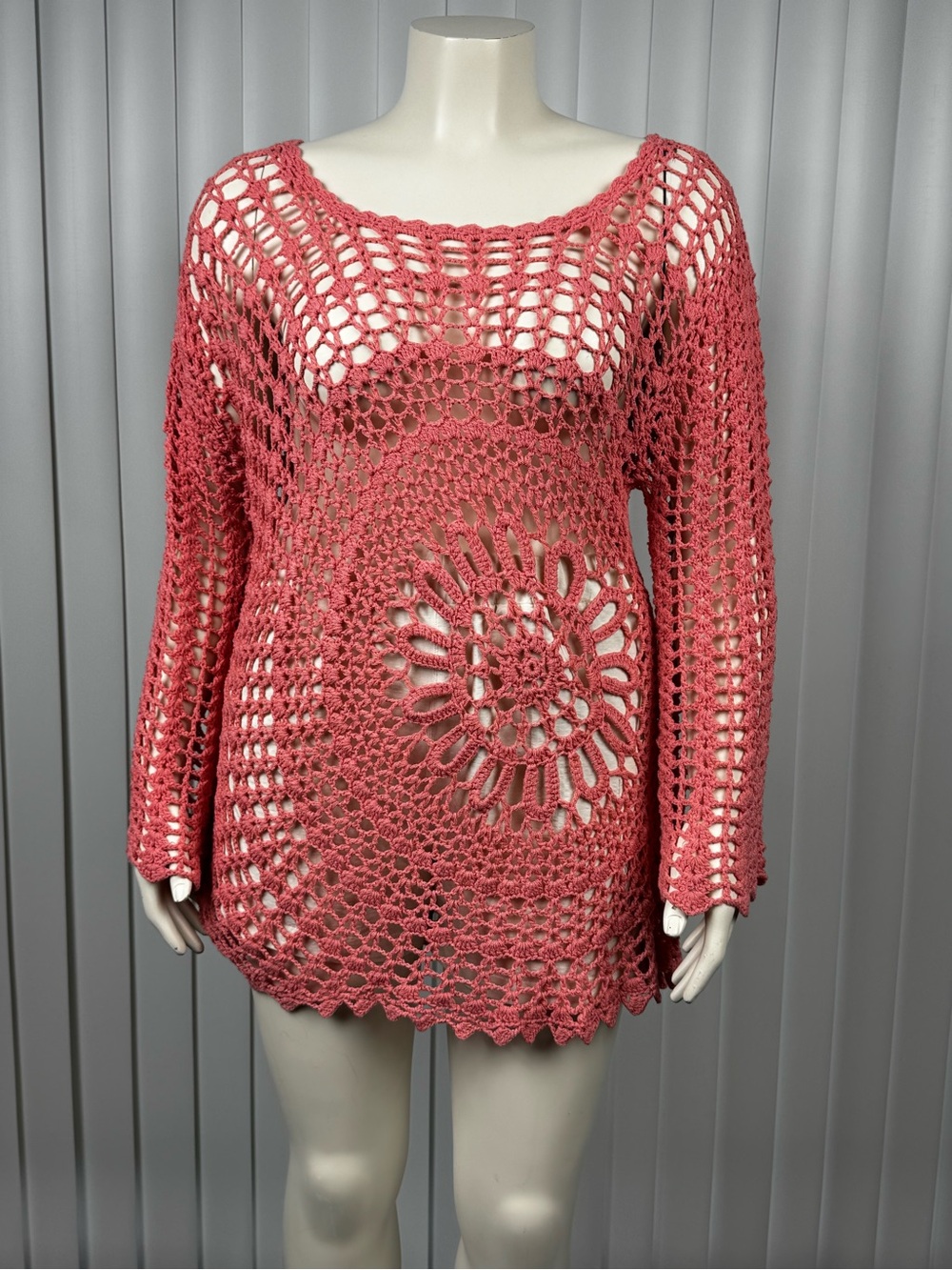 K Jordan Coral Crochet Mesh Boho Top 2X Floral Open Knit Festival
